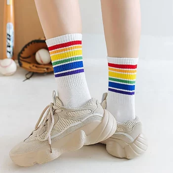 Long Socks Rainbow Color Street Fashion Korean Sock Christmas Cotton Cute Socks Skarpetki Calcetines 2019 New Sokken Black/White1